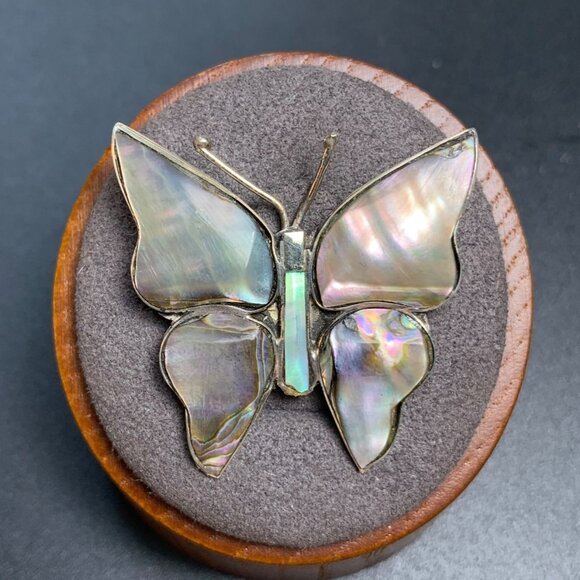 Vintage Sterling Silver 925 Mexico Abalone Butterfly Brooch 1.25" x 1.4" - Picture 2 of 11